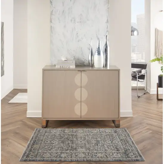 Slate Gray Brown And Ivory Floral Distressed Area Rug With Fringe Photo 5