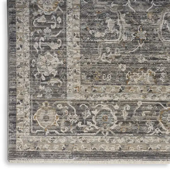 Slate Gray Brown And Ivory Floral Distressed Area Rug With Fringe Photo 3
