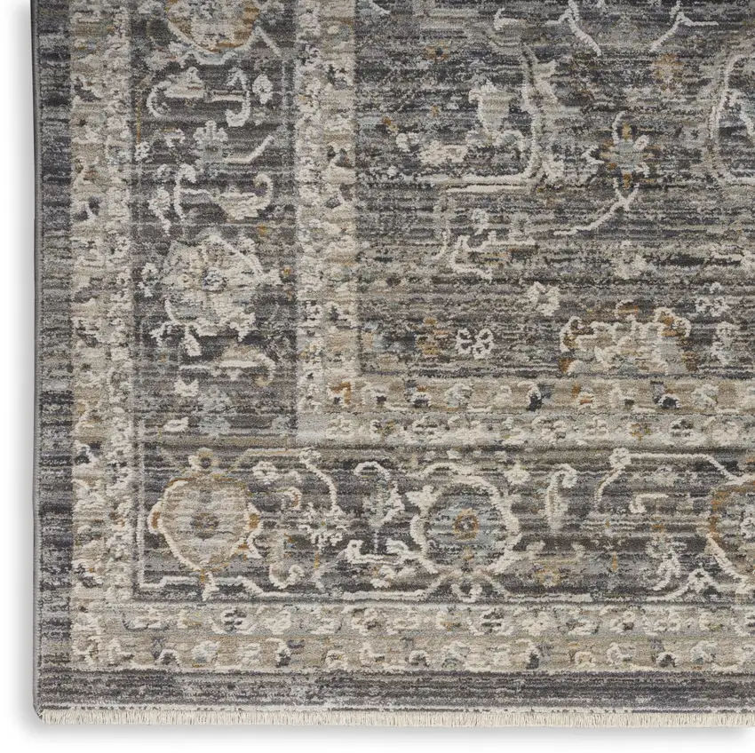 Slate Gray Brown And Ivory Floral Distressed Area Rug With Fringe Photo 3