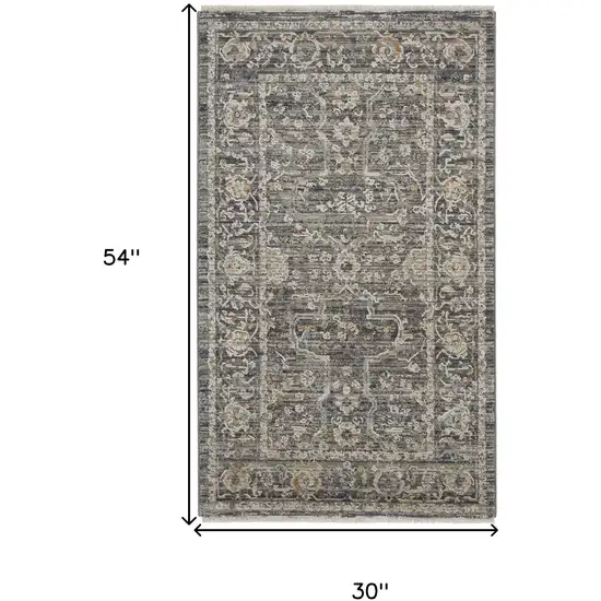 Slate Gray Brown And Ivory Floral Distressed Area Rug With Fringe Photo 3