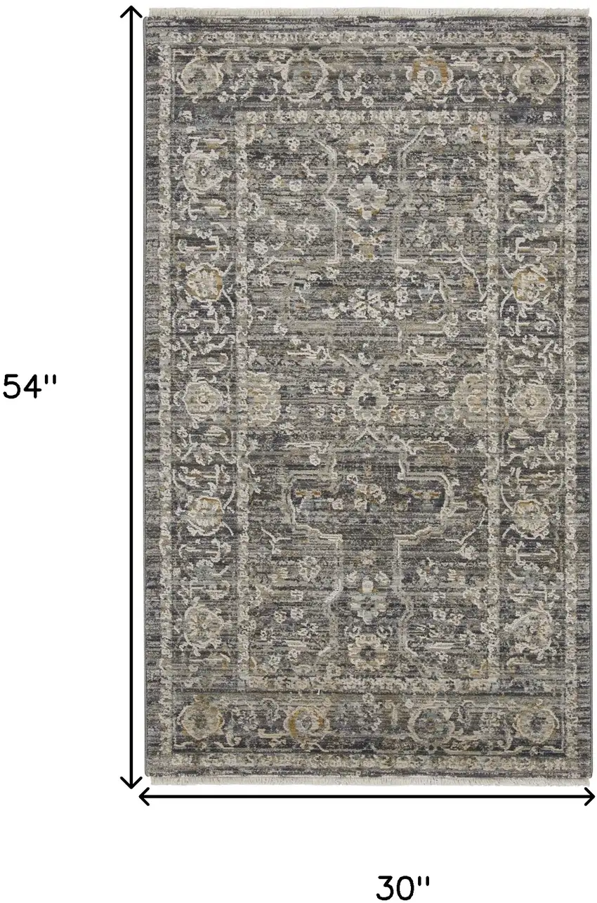 Slate Gray Brown And Ivory Floral Distressed Area Rug With Fringe Photo 3