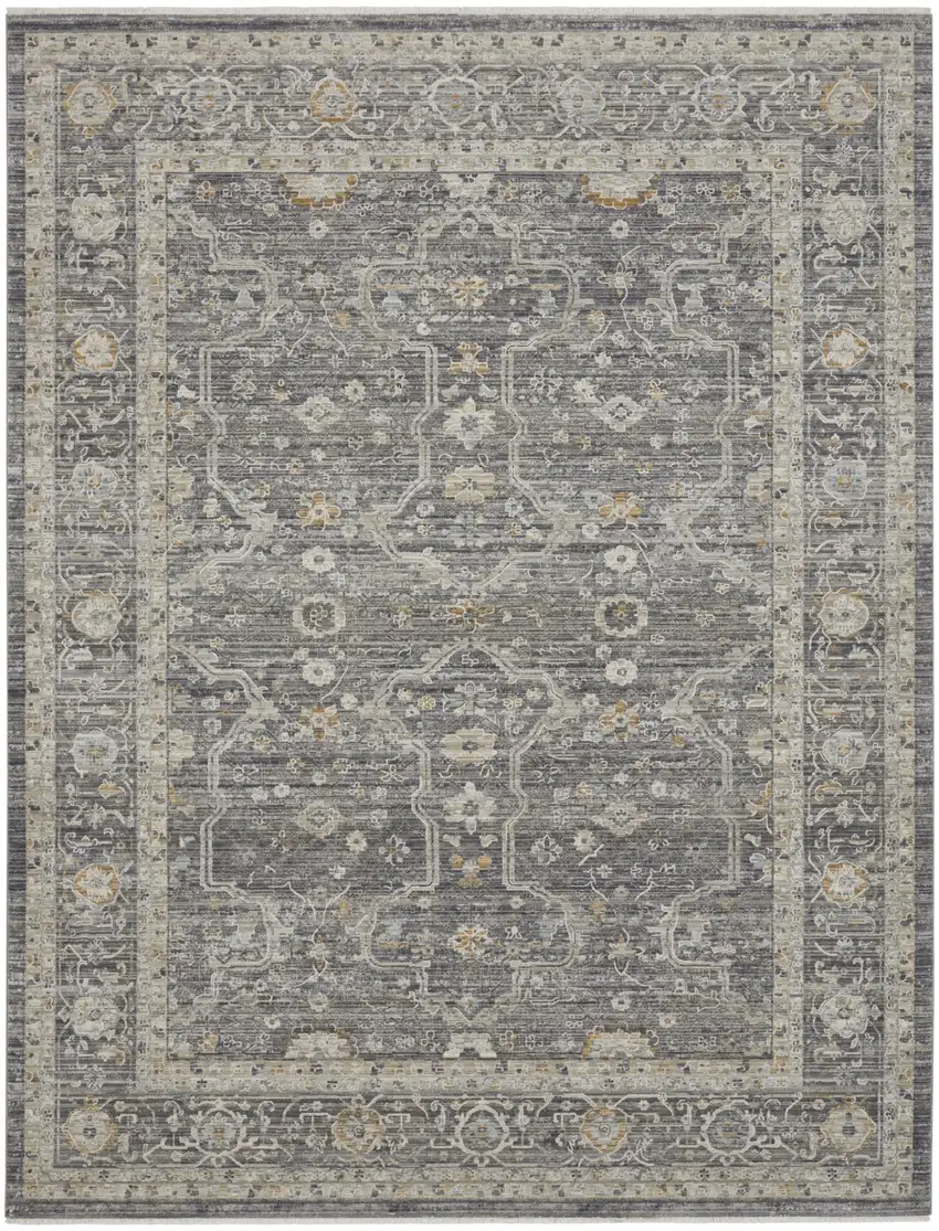 Slate Gray Brown And Ivory Floral Distressed Area Rug With Fringe Photo 9