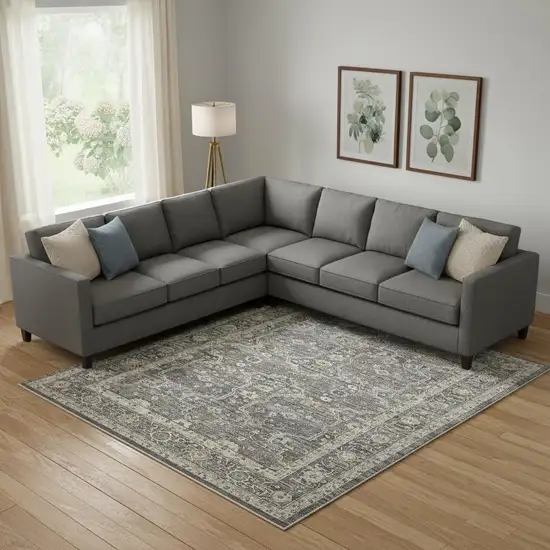 Slate Gray Brown And Ivory Floral Distressed Area Rug With Fringe Photo 1