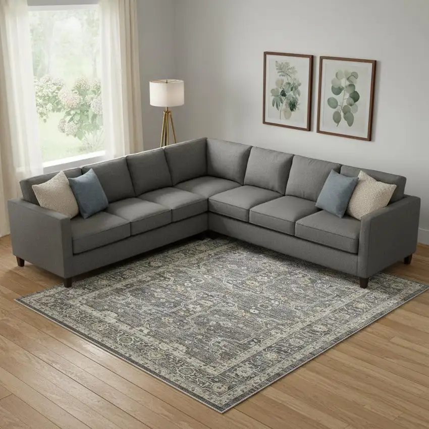 Slate Gray Brown And Ivory Floral Distressed Area Rug With Fringe Photo 1