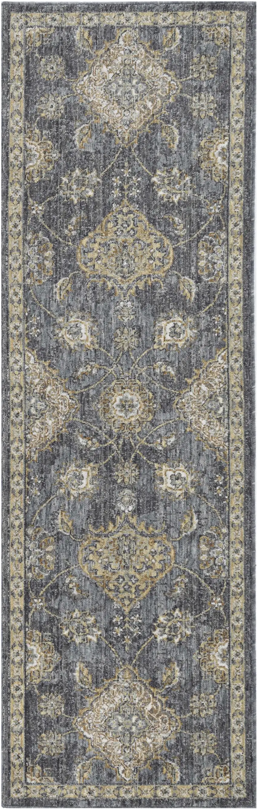 2' X 7' Slate Grey Floral Vine Wool Indoor Runner Rug Photo 2