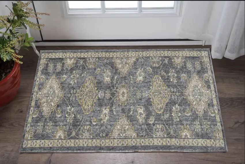 Slate Gray Wool Floral Vines Area Rug Photo 1