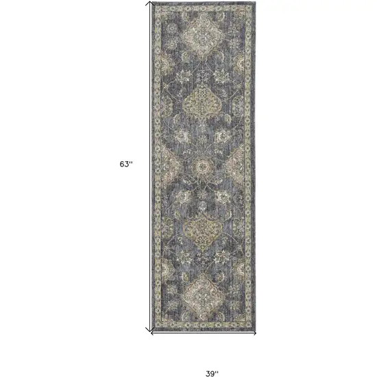 3'X5' Slate Grey Machine Woven Bordered Floral Vines Indoor Area Rug Photo 5