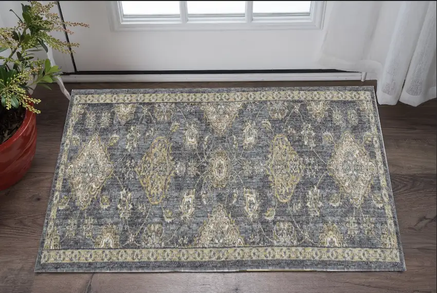 3'X5' Slate Grey Machine Woven Bordered Floral Vines Indoor Area Rug Photo 2