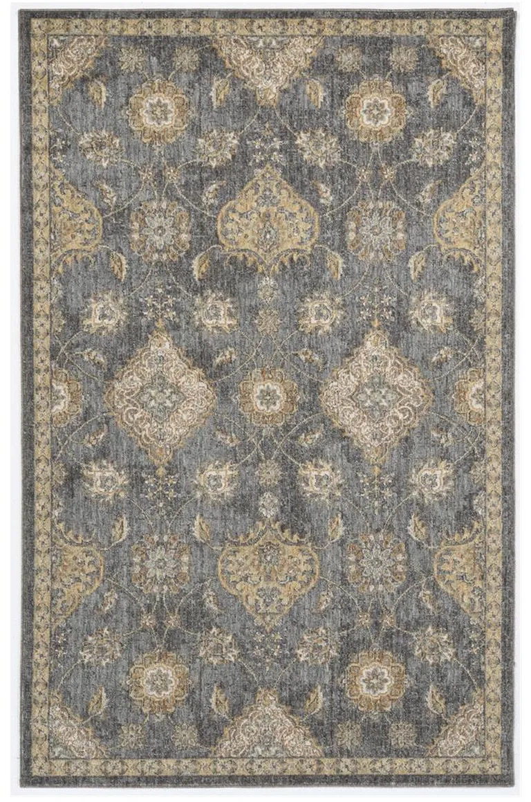 Slate Grey Machine Woven Bordered Floral Vines Indoor Area Rug Photo 2