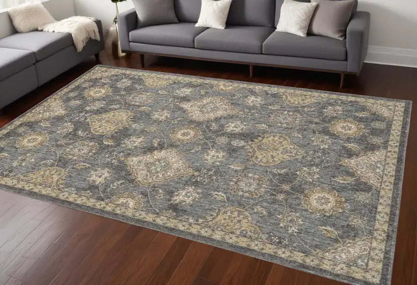 Slate Grey Machine Woven Bordered Floral Vines Indoor Area Rug Photo 1