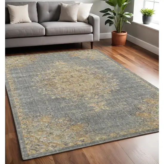 Slate Gray And Orange Wool Medallion Distressed Area Rug Photo 1