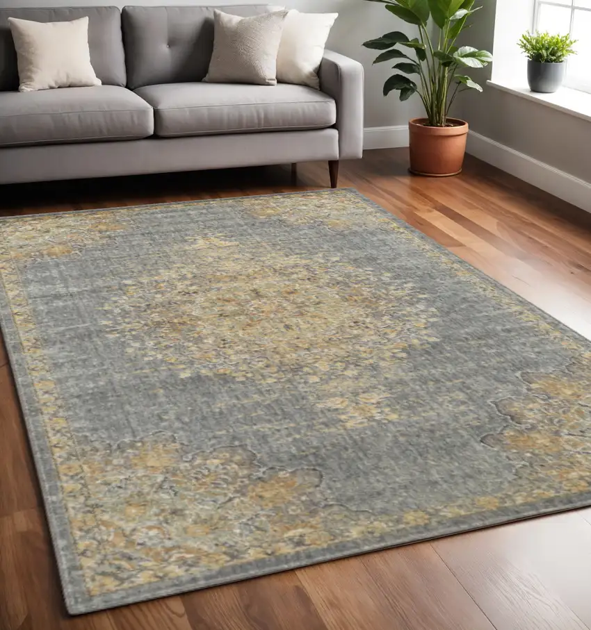 Slate Gray And Orange Wool Medallion Distressed Area Rug Photo 1