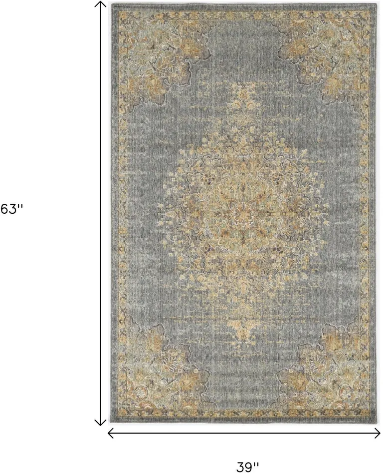 Slate Grey Medallion Bordered Wool Indoor Area Rug Photo 4