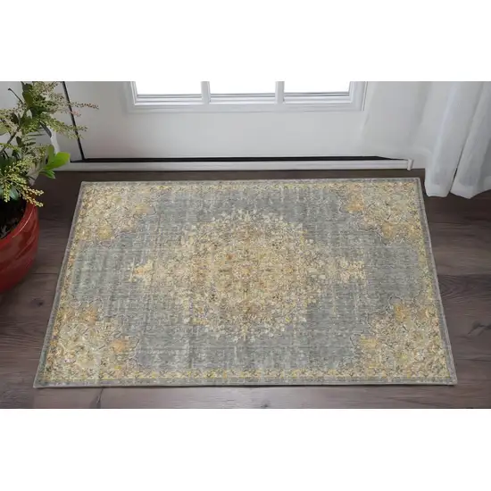 Slate Gray And Orange Wool Medallion Distressed Area Rug Photo 1