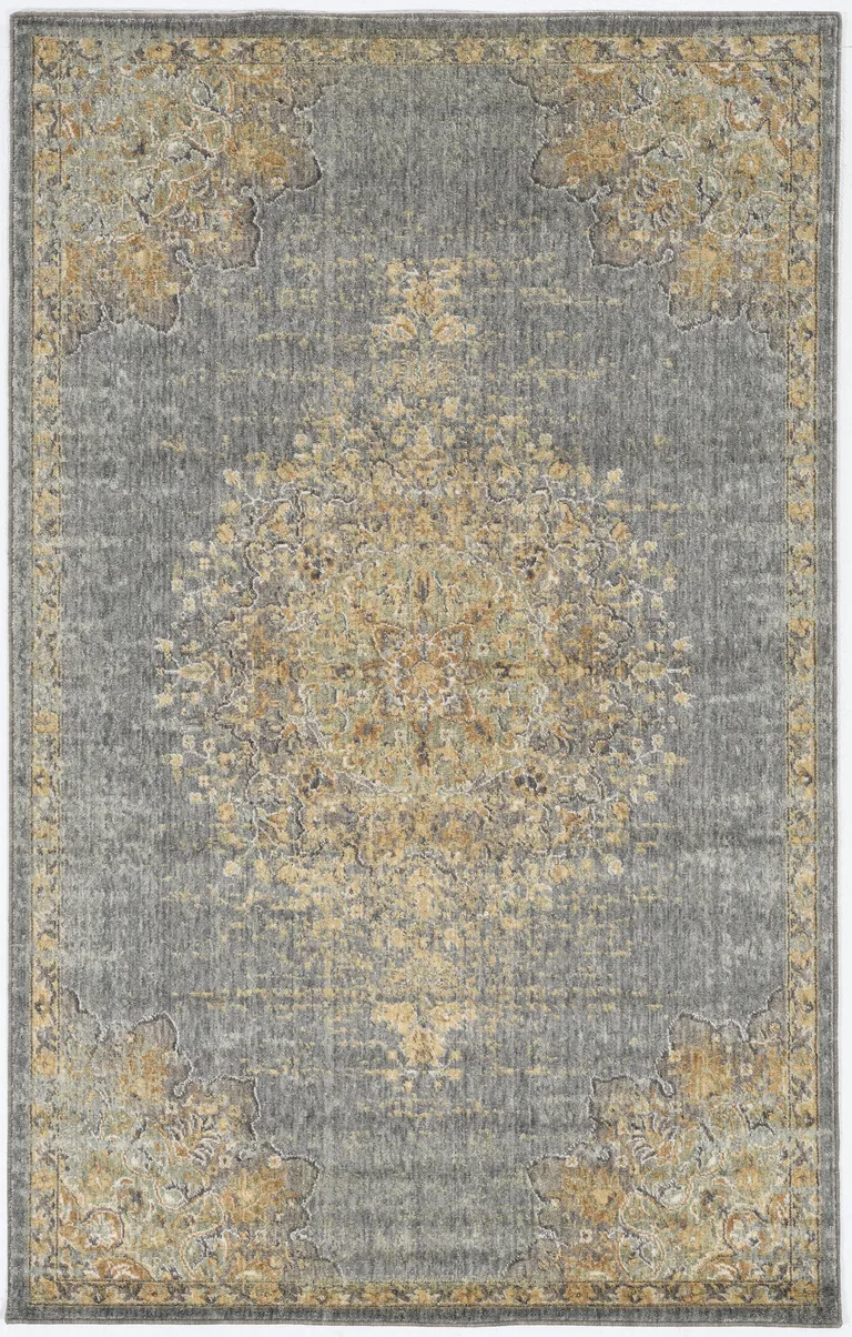 Slate Grey Medallion Bordered Wool Indoor Area Rug Photo 3