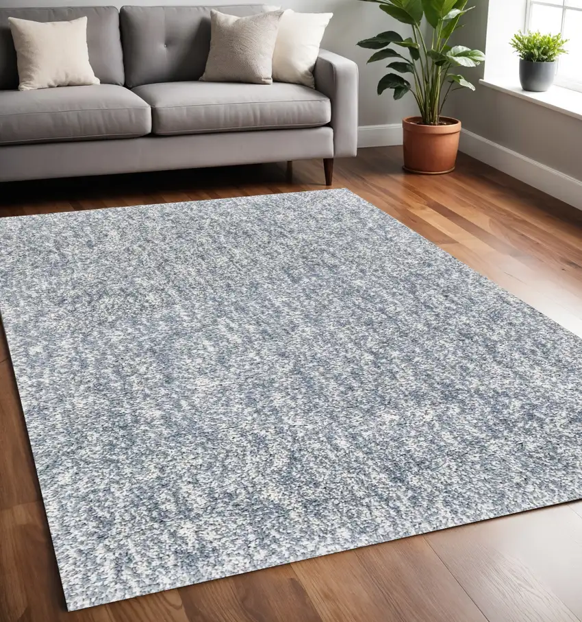 Slate Blue And Ivory Abstract Shag Hand Woven Area Rug Photo 1