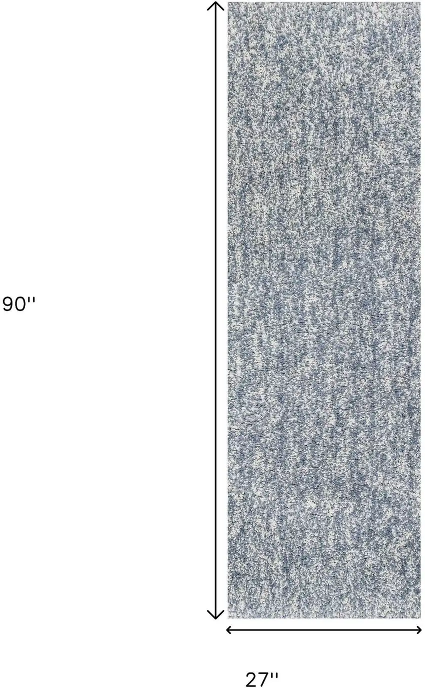 8' Slate Blue And Ivory Abstract Shag Hand Woven Runner Rug Photo 3