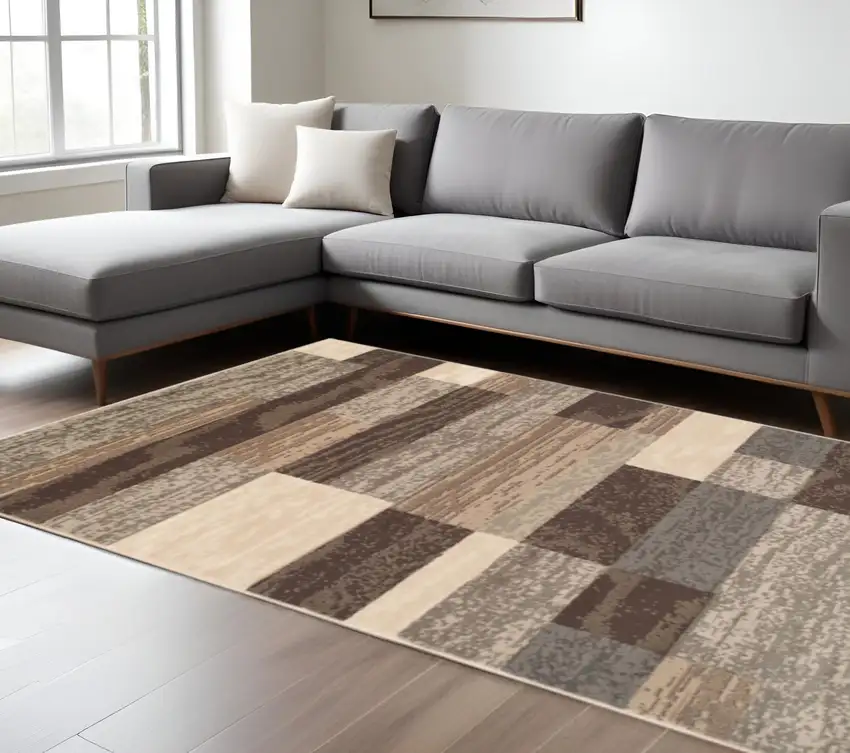 Beige Slate Gray And Brown Patchwork Area Rug Photo 1