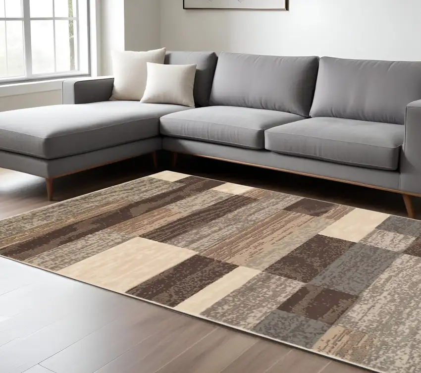 Beige Slate Gray And Brown Patchwork Area Rug Photo 1