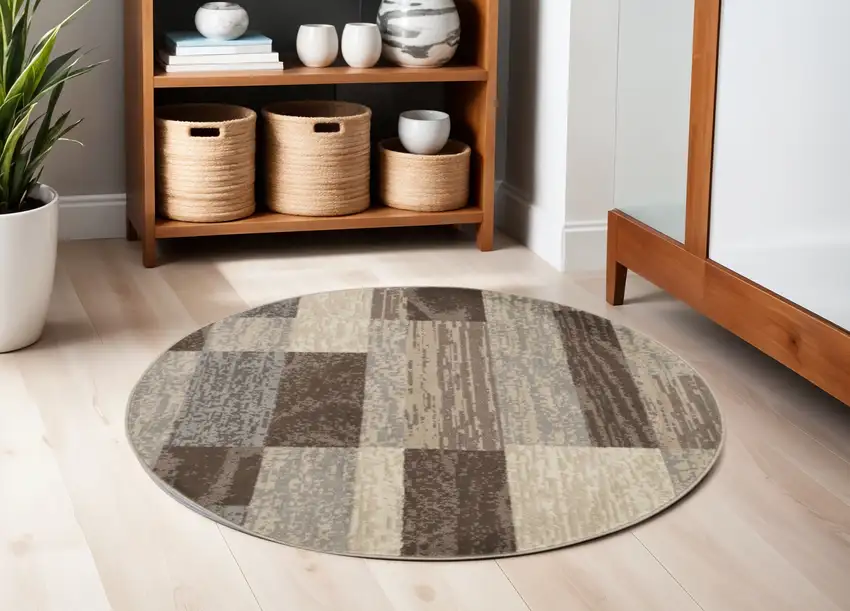 5' Beige Slate Gray And Brown Patchwork Round Rug Photo 1