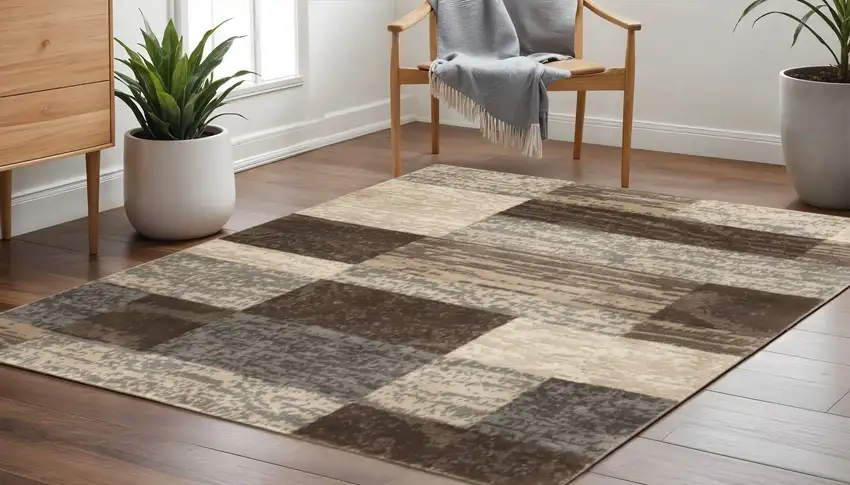 5' Beige Slate Gray And Brown Patchwork Square Rug Photo 1