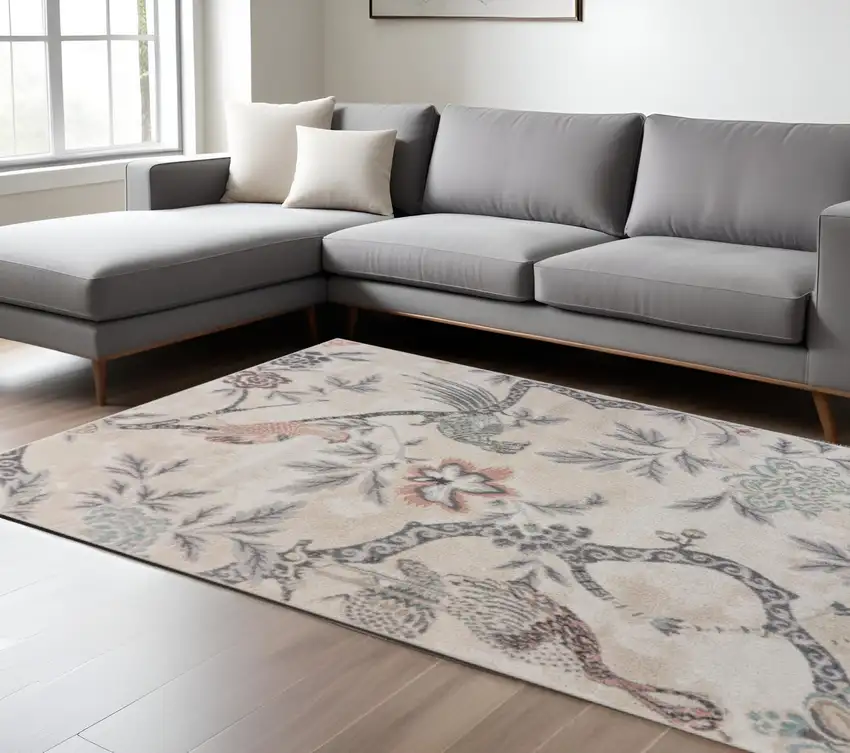 Soft Beige Birds and Trees Area Rug Photo 1