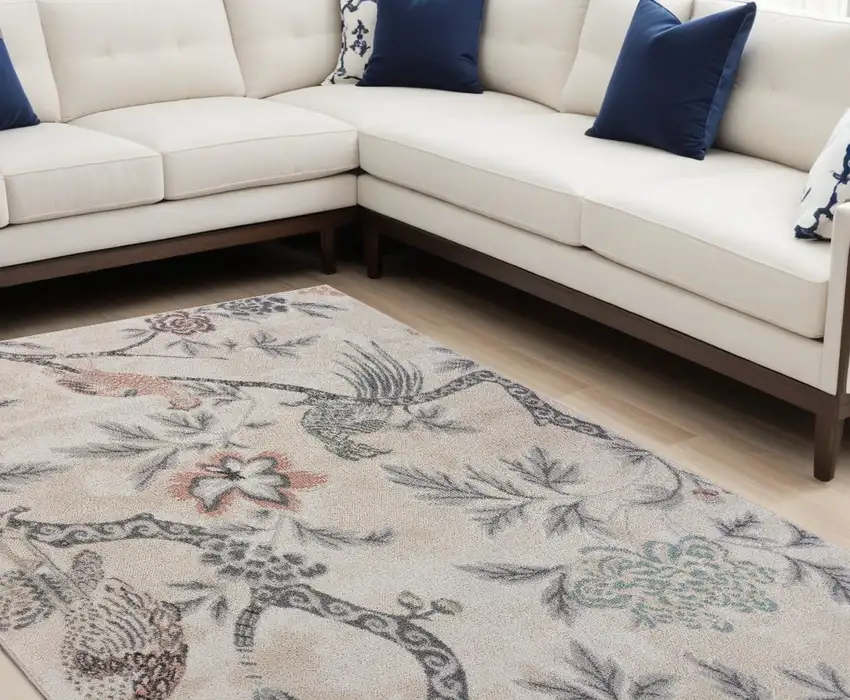 Soft Beige Birds and Trees Area Rug Photo 2