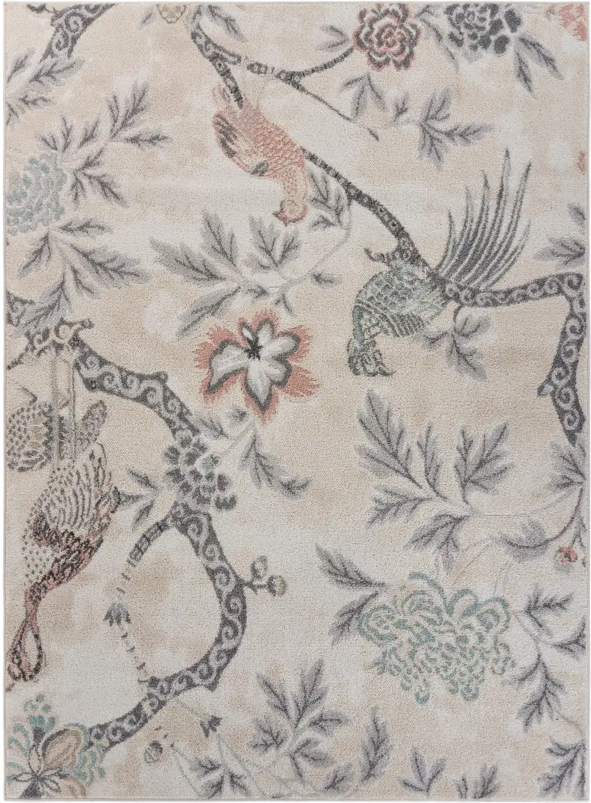 Soft Beige Birds and Trees Area Rug Photo 1