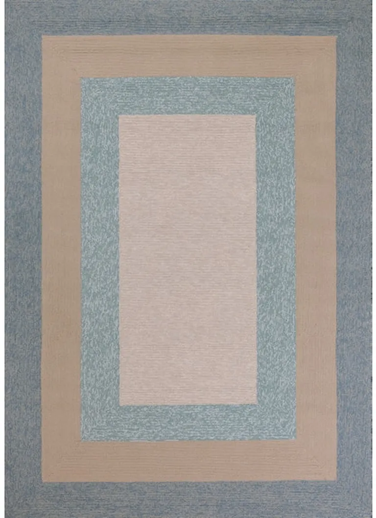 Spa Blue Beige Hand Hooked UV Treated Bordered Indoor Outdoor Area Rug Photo 5