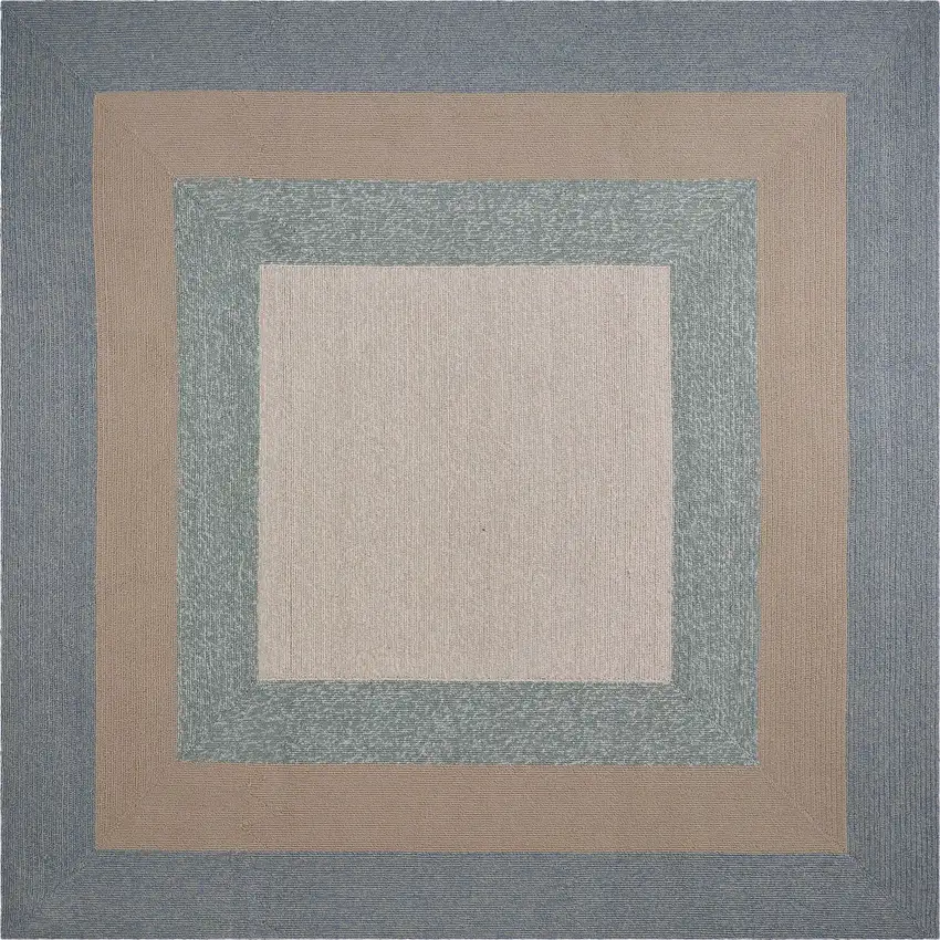 8'X11' Spa Blue Beige Hand Hooked Uv Treated Bordered Indoor Outdoor Area Rug Photo 4
