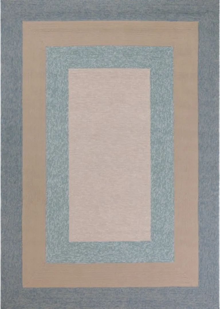 Spa Blue Beige Hand Hooked UV Treated Bordered Indoor Outdoor Area Rug Photo 4