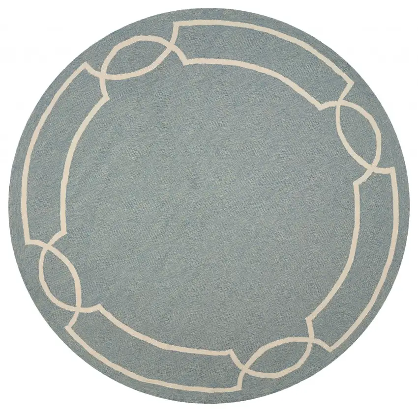 7' Spa Blue Hand Hooked Uv Treated Bordered Round Indoor Outdoor Area Rug Photo 2