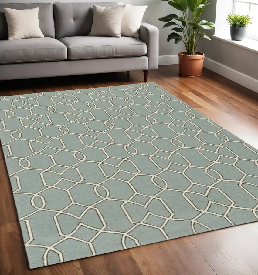 Green and Ivory Geometric Hand Hooked Area Rug Photo 1