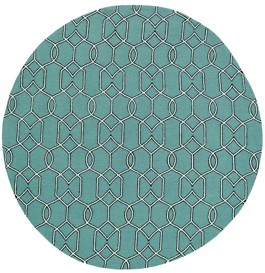 7' Spa Green Hand Hooked Uv Treated Geometric Round Indoor Outdoor Area Rug Photo 3