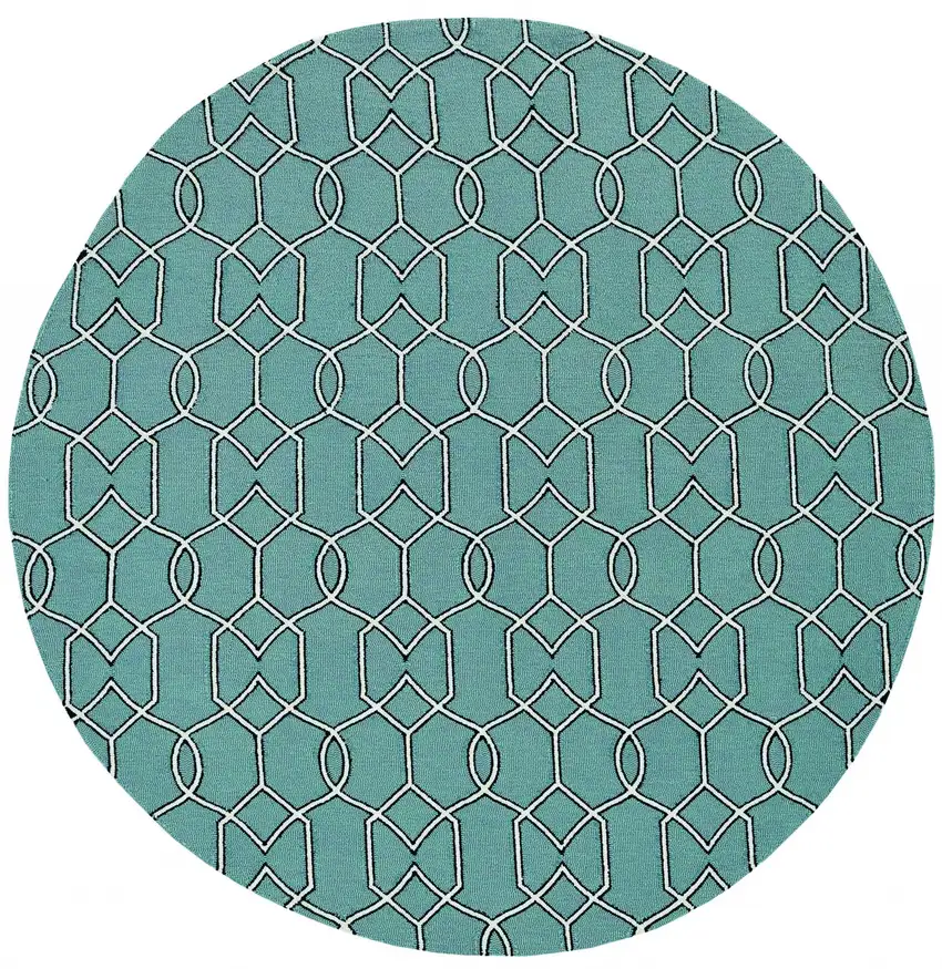 Spa Green Hand Hooked UV Treated Geometric Round Indoor Outdoor Area Rug Photo 1