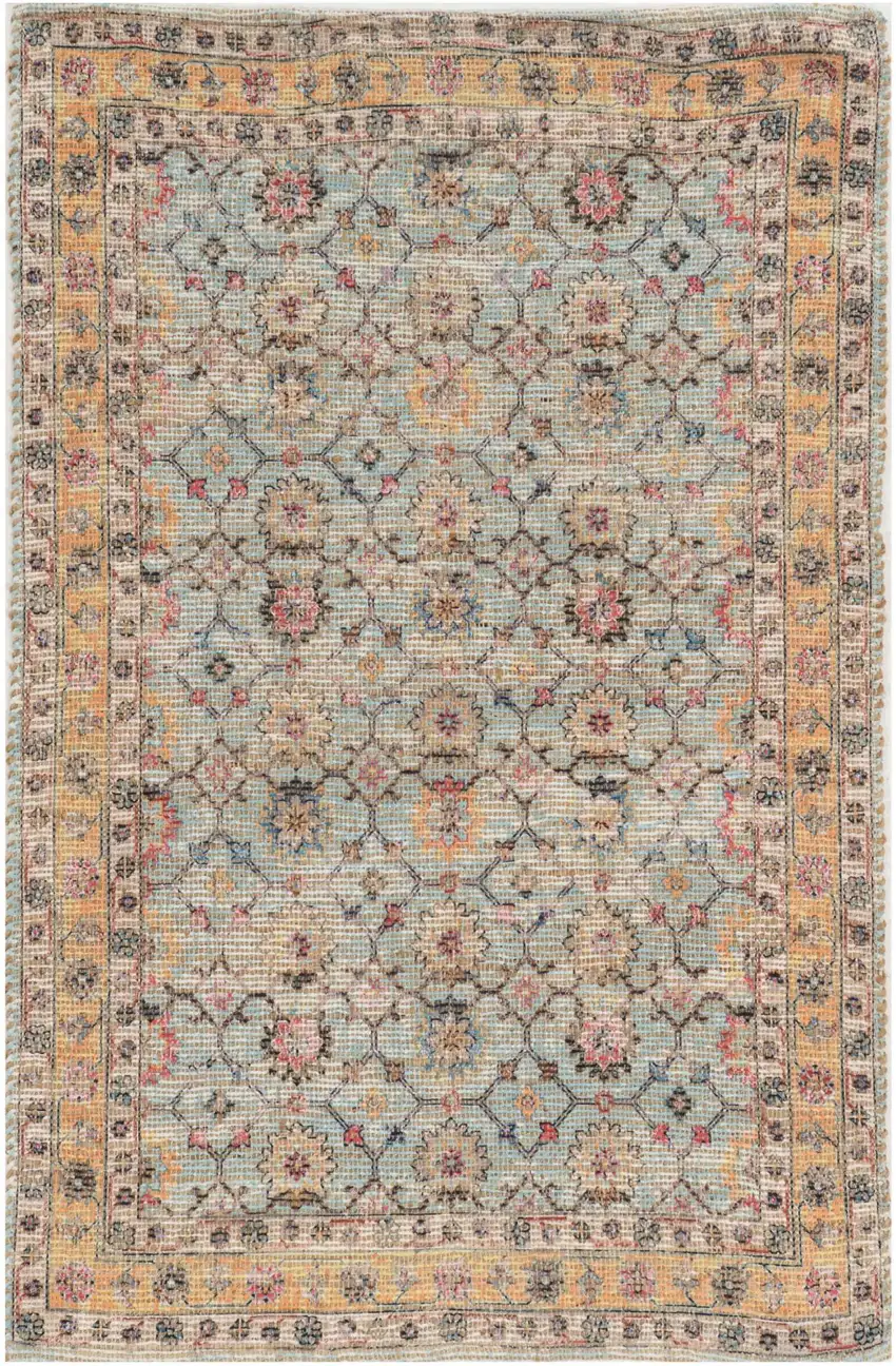 Blue And Beige Jute Floral Hand Woven Area Rug Photo 2
