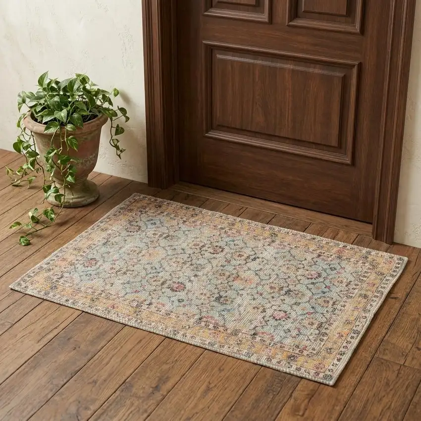 Blue And Beige Jute Floral Hand Woven Area Rug Photo 1