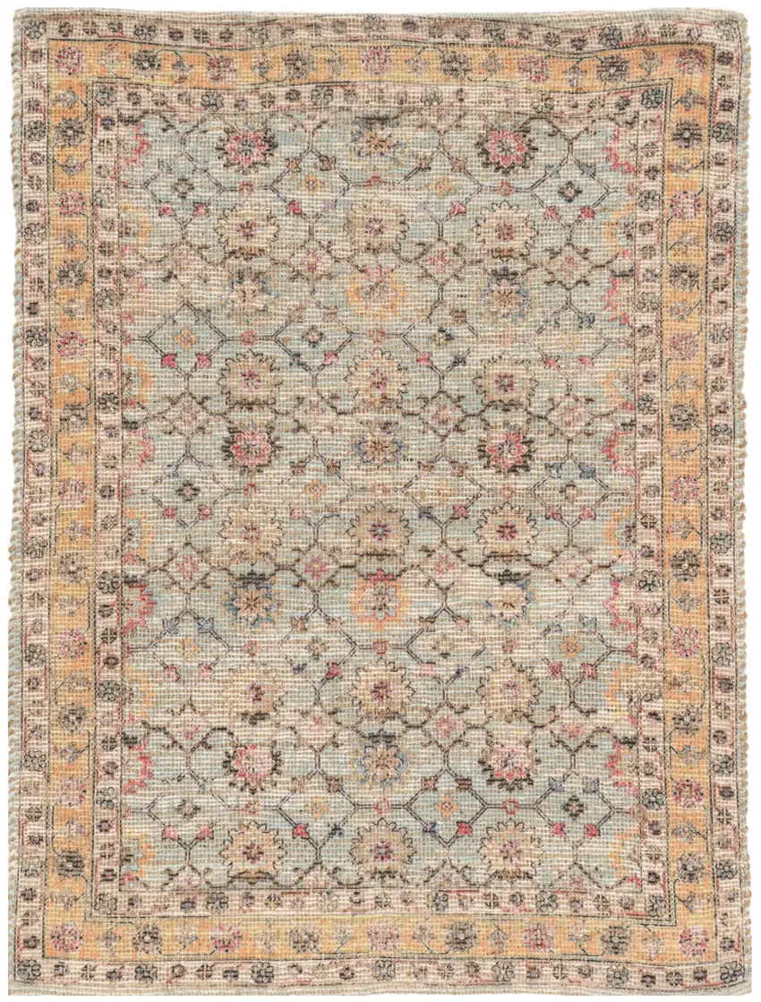 Blue And Beige Jute Floral Hand Woven Area Rug Photo 5