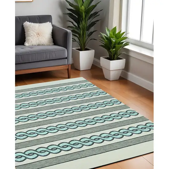 Ivory Light Blue And Gray Geometric Hand Hooked Square Rug Photo 1