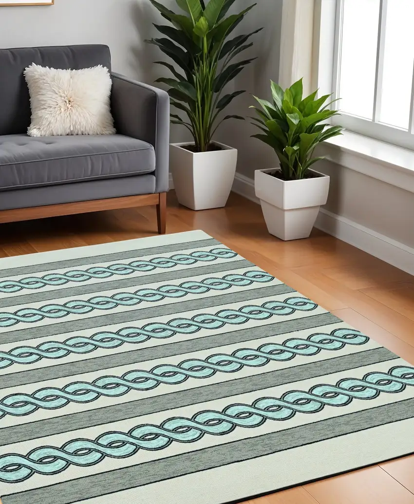 Ivory Light Blue And Gray Geometric Hand Hooked Square Rug Photo 1