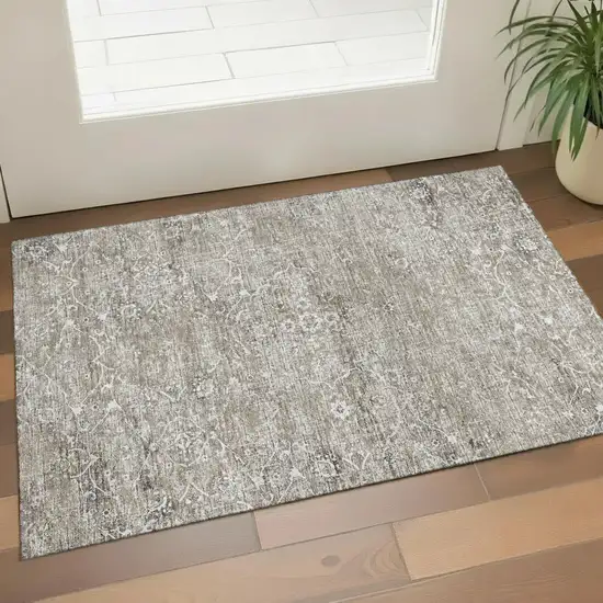 Stone And Coffee Floral Medallion Washable Area Rug With UV Protection Photo 1