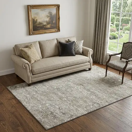 Stone And Coffee Floral Medallion Distressed Washable Area Rug With UV Protection Photo 1