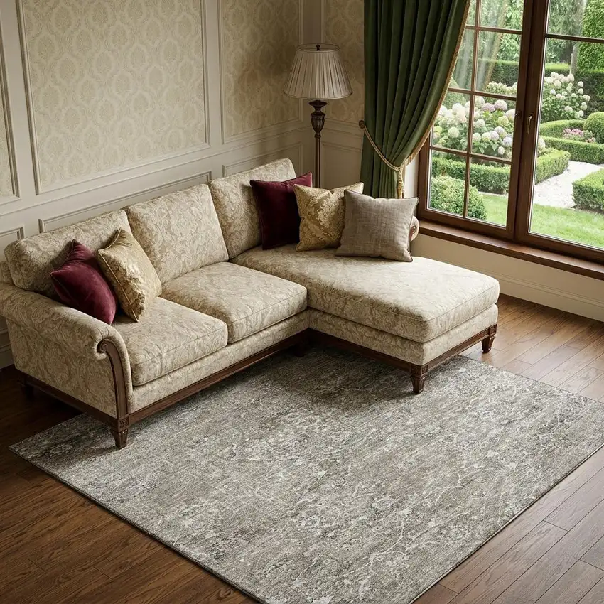 Stone And Coffee Floral Medallion Distressed Washable Area Rug With UV Protection Photo 1