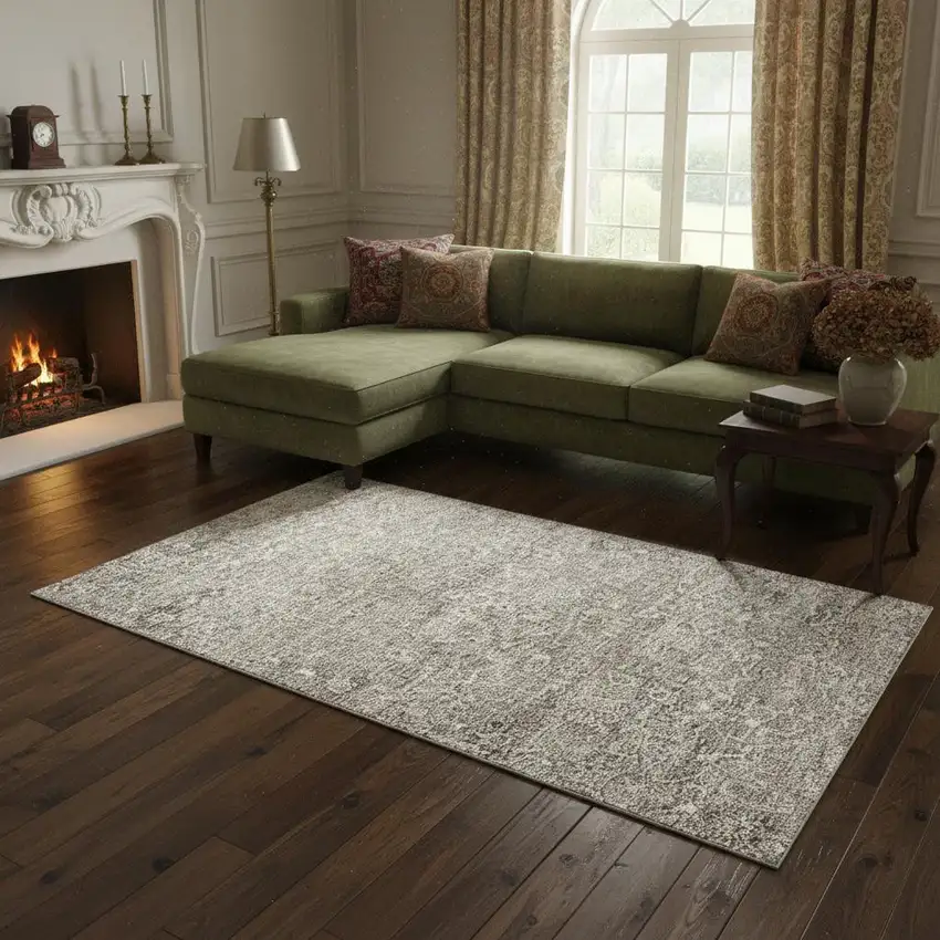 Stone And Coffee Floral Medallion Washable Area Rug With UV Protection Photo 2