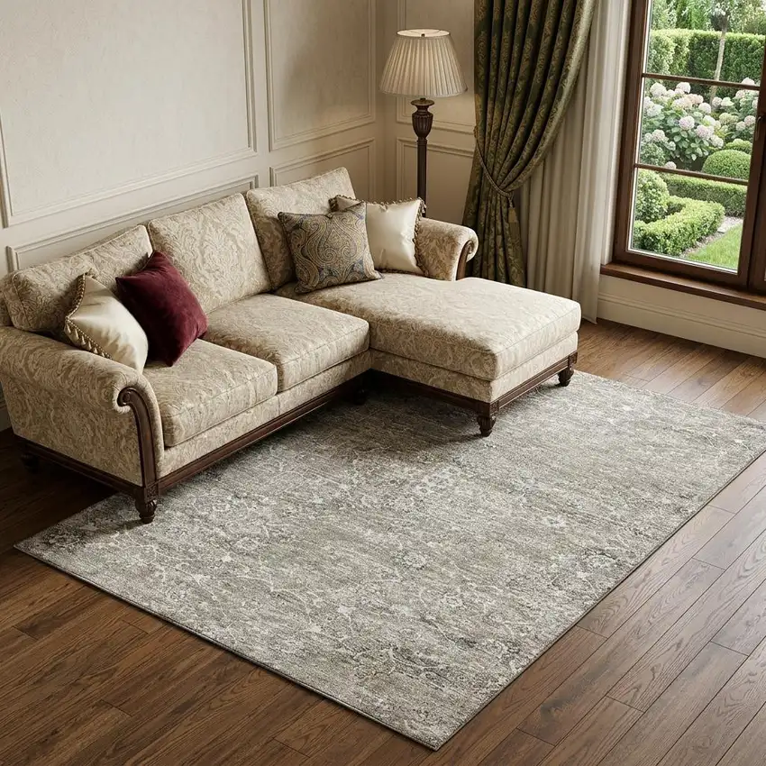 Stone And Coffee Floral Medallion Distressed Washable Area Rug With UV Protection Photo 1