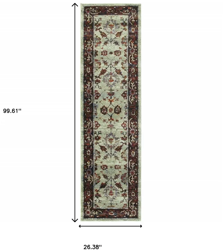 Stone And Red Oriental Power Loom Stain Resistant Runner Rug Photo 3