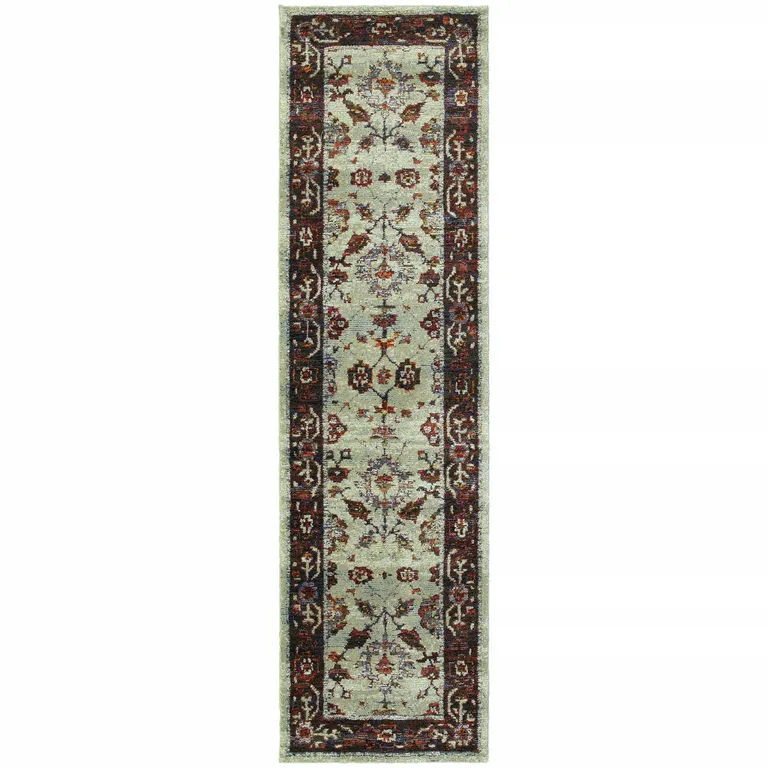 Stone And Red Oriental Power Loom Stain Resistant Runner Rug Photo 2