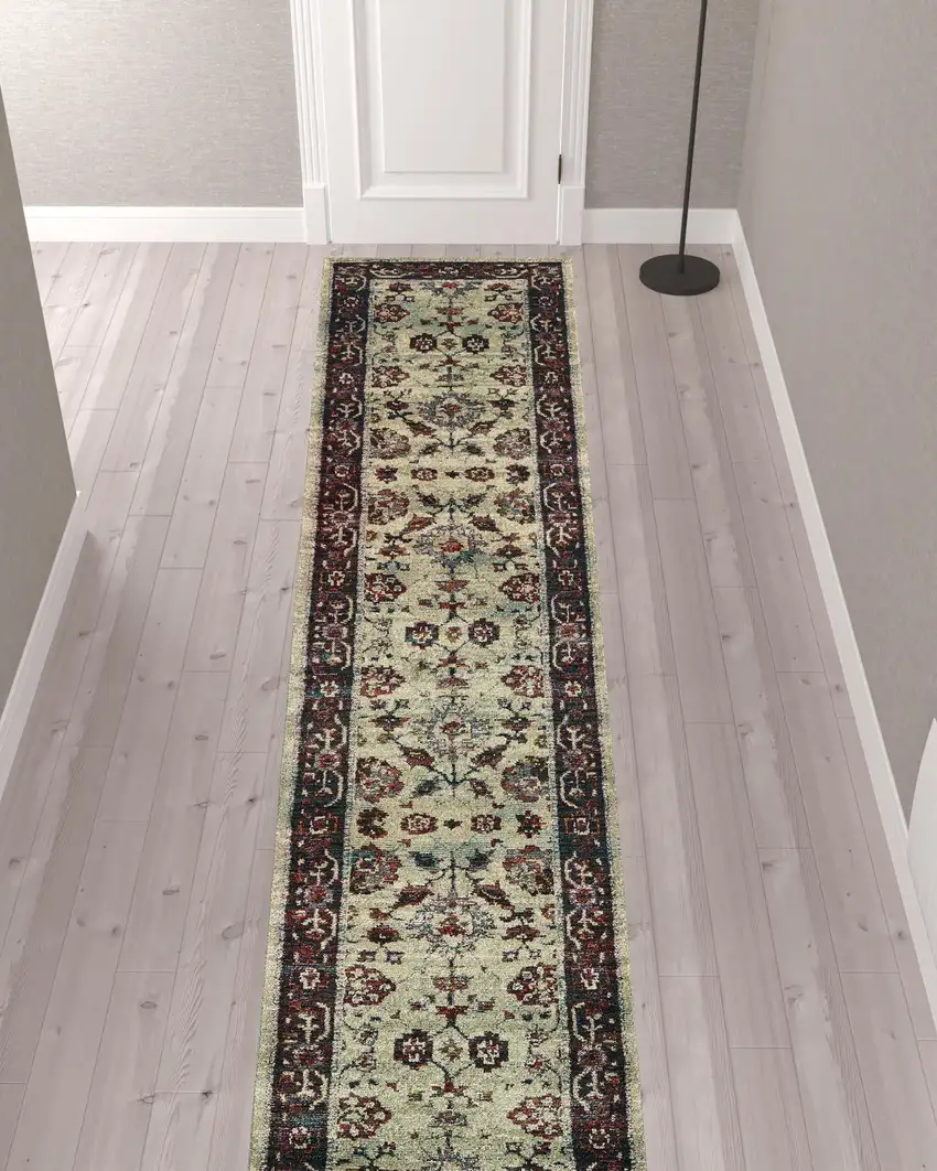 Stone And Red Oriental Power Loom Stain Resistant Runner Rug Photo 2