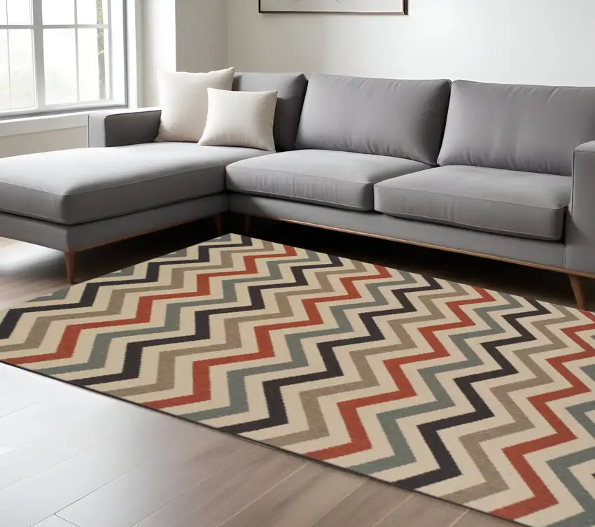 Stone Chevron Power Loom Stain Resistant Area Rug With Fringe Photo 1