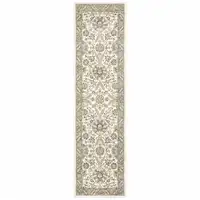 Photo of Stone Grey Ivory Green Brown Teal And Light Blue Oriental Power Loom Stain Resistant Runner Rug